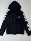 Adidas 3-Stripe Zip Hoodie – Black, White Stripes, Sleeve Logo Print, (S)