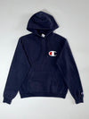 Champion Big C Logo Hoodie – Navy, Embroidered Colorblock “C” Patch (S/M)