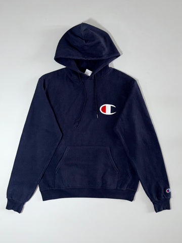 Champion Big C Logo Hoodie – Navy, Embroidered Colorblock “C” Patch (S/M)