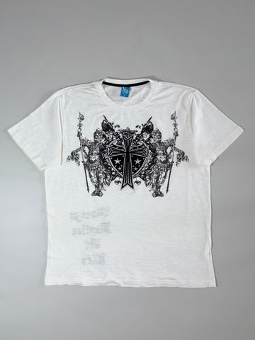 VR Vintage Replica Graphic Tee – White, Cross & Crest Print, (XL)