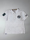 Fila Golf Bear-Print Polo – White, All-Over Bear Graphic, “8” Sleeve Patch (M)