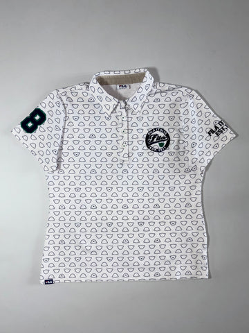 Fila Golf Bear-Print Polo – White, All-Over Bear Graphic, “8” Sleeve Patch (M)