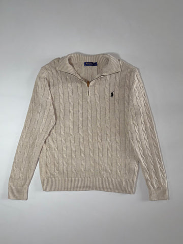 Polo Ralph Lauren Cream Cable Knit Quarter-Zip Sweater (L)