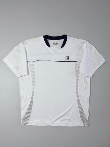 Fila White Navy-Trim Performance Sports T-Shirt Mesh Panel Detail (L)