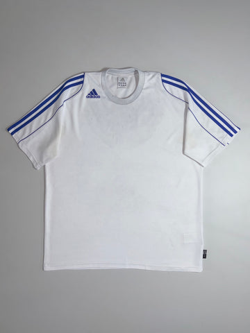 Adidas Climalite T-Shirt – White with Blue 3-Stripe Shoulders, (2XL)