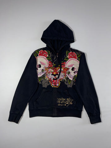 Ed Hardy Rhinestone Skull & Tiger Graphic Zip Hoodie (M/L)