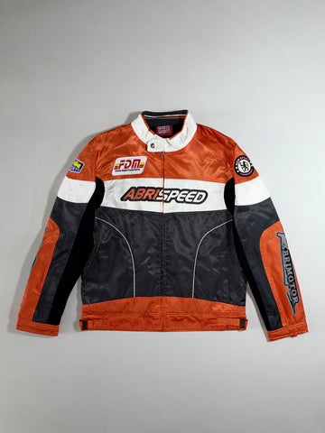 AbriSpeed Racing Jacket – Orange, White & Black Motorsport Bomber, Multi-Patch Design, (M)