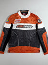AbriSpeed Racing Jacket – Orange, White & Black Motorsport Bomber, Multi-Patch Design, (M)