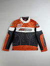 AbriSpeed Racing Jacket – Orange, White & Black Motorsport Bomber, Multi-Patch Design, (M)