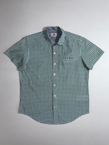 Timberland Gingham Check Shirt – Green, Navy & White Short Sleeve, (M)