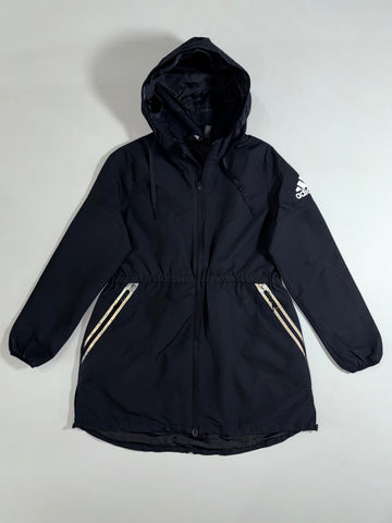 Adidas Hooded Parka – Black Long Windbreaker with Glitter Zip Trim Women’s (S)