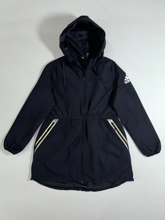 Adidas Hooded Parka – Black Long Windbreaker with Glitter Zip Trim Women’s (S)