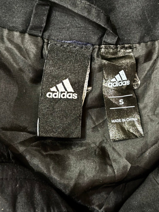 Adidas Hooded Parka – Black Long Windbreaker with Glitter Zip Trim Women’s (S)