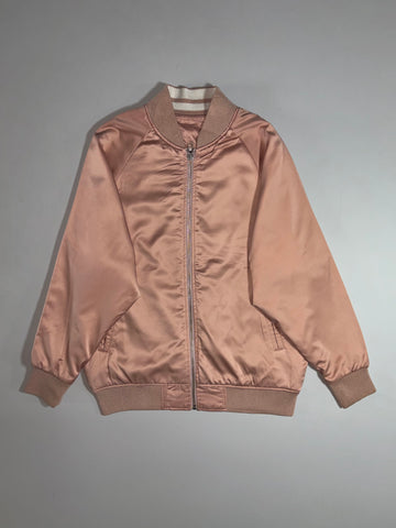 GU Blush Pink Satin Bomber Jacket  Oversized Nylon Zip-Up,  Reversible (S)