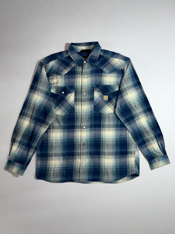 Carhartt Blue Plaid Flannel Western Shirt  Snap-Button Relaxed Fit, (XL)