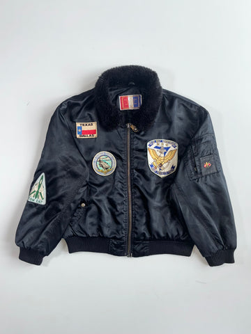 Ga-Z Vintage Black Satin Bomber Jacket with Fur Collar & Naval Patches (M)