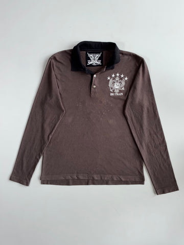 Big Train Crest Logo Long Sleeve Polo – Brown/Black Contrast Collar(L)