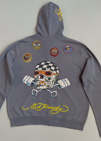 !      Ed Hardy 'Skull & Pistons' Rhinestone Zip-Up Jacket - Slate Grey (U.RARE) (M/L)