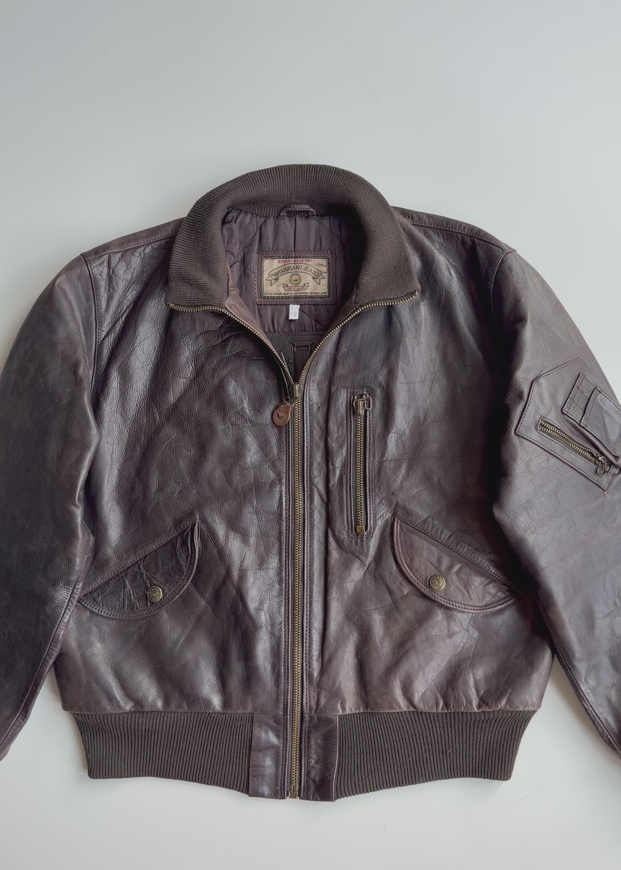 90s Armani Jeans (AJ) Vintage Brown Leather A-2 Style Flight